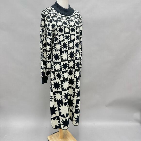 Farm Rio Black & White Starburst Mock-Neck A-Line Midi Sweater Dress Size Large - Picture 3 of 16